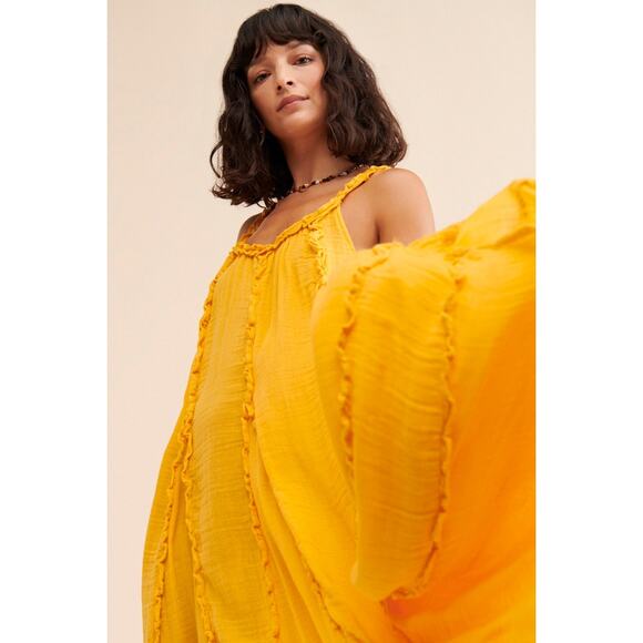 Free People McKinley Gauze Ruffle Flowy Maxi Dress Banana Yellow Women's  L NWT - Picture 4 of 11
